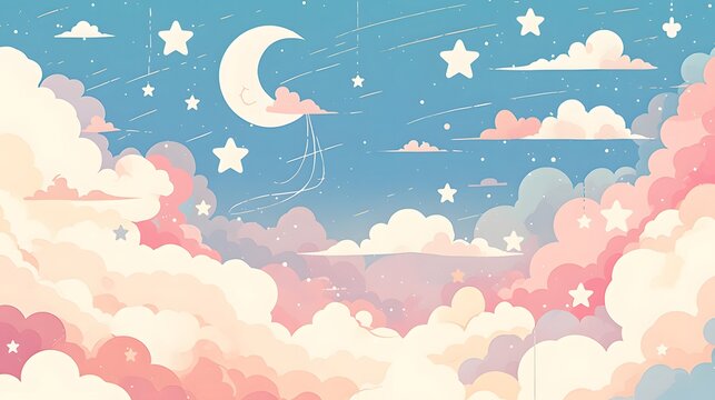 Cute children's book-inspired wallpaper featuring clouds and stars in a whimsical style