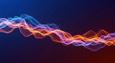Fototapeta premium Abstract Energy Flow: A mesmerizing wave of vibrant, glowing particles flows across the frame, showcasing a dynamic interplay of warm and cool colors. The image evokes a sense of energy, movement.