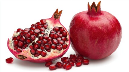 A whole pomegranate split open, revealing its bright red seeds, symbolizing prosperity, isolated on a white background