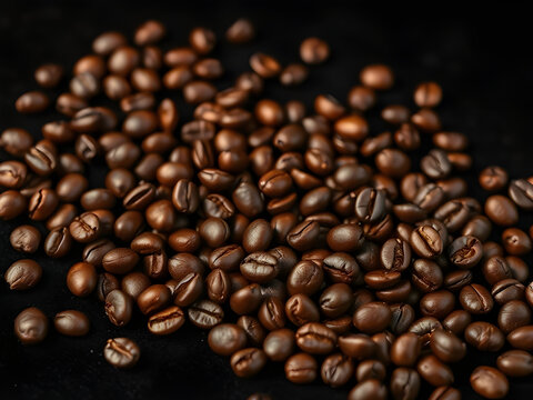 Aromatic roasted coffee beans scattered across a dark surface ready for brewing perfection - Powered by Adobe