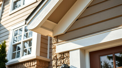 Fototapeta premium House Exterior Detail: Beige Siding, White Trim, and Windows