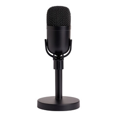 Modern black microphone on stand, isolated, perfect for studio recording or podcast setup.
