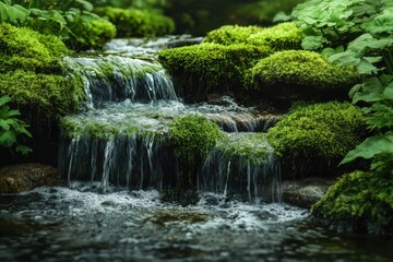 Obraz premium A Scenic View of a Clear Stream Cascading Over a Moss-Covered Cove Surrounded by Nature's Beauty