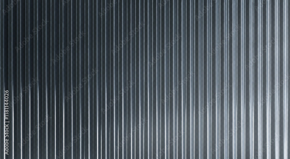 Poster ribbed glass surface with vertical metallic stripe pattern. regular transparent grooves create linea