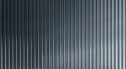 Ribbed glass surface with vertical metallic stripe pattern. Regular transparent grooves create linear texture effect. Chrome material for modern product show screens or decorative window panels.