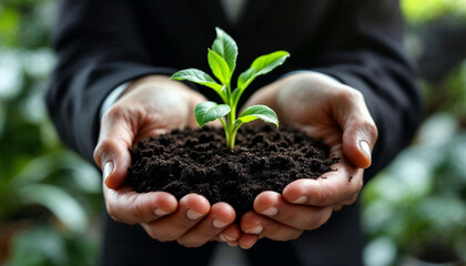 Hands hold a small plant in soil symbolizing growth and environmental care in a green space