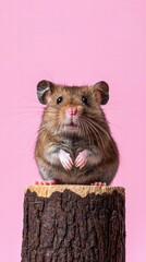 Obraz premium Brown hamster posing on wooden platform with pink background