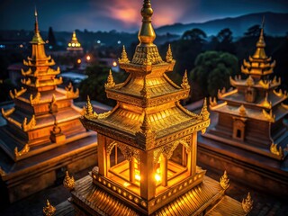 Illuminated Asian lamp, a golden pagoda, hangs suspended in the night's aerial view.