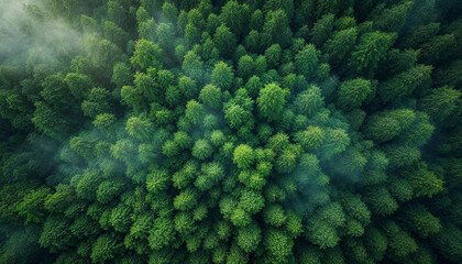 Fototapeta premium Lush green forest seen from above showcasing diverse tree canopy during early morning hours