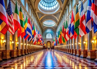 International law's panoramic view: A hall of flags representing diverse nations striving for global justice through legal systems.