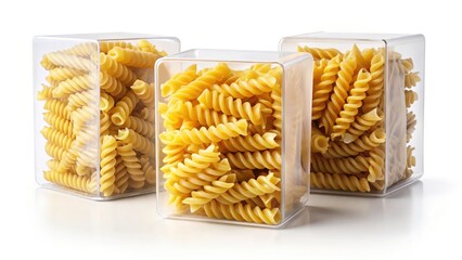 Isolated fusilli pasta box;  a striking spiral pasta photograph highlights the product's unique shape.