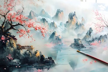 Traditional Chinese Landscape Painting with Mountain River and Cherry Blossoms