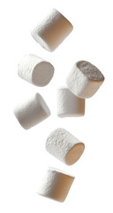 Multiple marshmallows falling in the air png isolated on transparent background