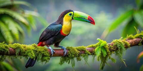 Fototapeta premium Long exposure reveals a stunning keel-billed toucan in vibrant rainforest, showcasing its vivid colors.