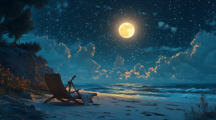 A simple lounge chair on a quiet beach, paired with a telescope pointing to a radiant starry sky, a warm blanket adding comfort, the moonlight creating a soft, ethereal glow over the sand and waves,