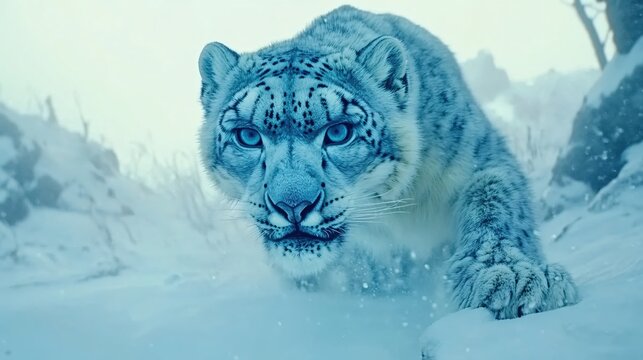 Majestic Snow Leopard Stalking Through Winter Wonderland - Powered by Adobe