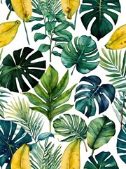 Tropical leaves seamless pattern isolated on white background