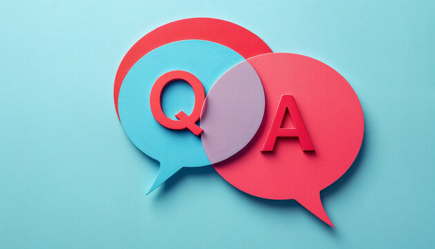 Red and blue speech bubbles with letters Q and A symbolize question and answer communication concepts