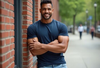 An athletic man stands confidently, showcasing a well-defined physique
