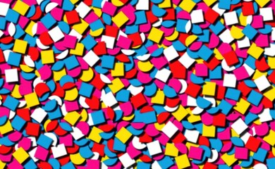 A whimsical scene with colorful confetti raining down from a vibrant sky over a field of flowers, creating a joyful and celebratory atmosphere.