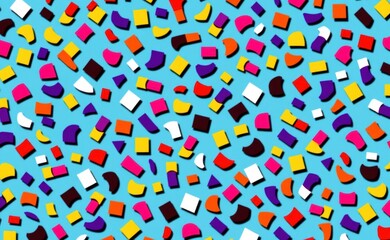 A whimsical scene with colorful confetti raining down from a vibrant sky over a field of flowers, creating a joyful and celebratory atmosphere.