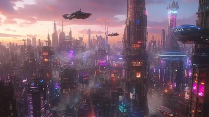 Fototapeta premium Futuristic cityscape at sunset with flying vehicles.