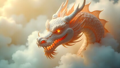 Chinese New Year, White Chinese traditional dragon head created from ethereal smoke, with sharp eyes