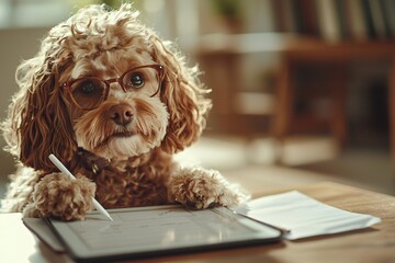 Business Dog Engaging with Tablet in Cozy Home Office Environment Closeup Viewpoint Creative Concept