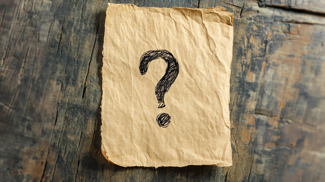 Vintage paper with question mark on wooden surface. Ideal for historical mystery concepts.