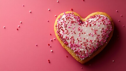 Heart-Shaped Cookie with Icing and Sprinkles on a Minimalist Red Background, Perfect for Valentine's Day Celebrations, Gifts, and Decorations