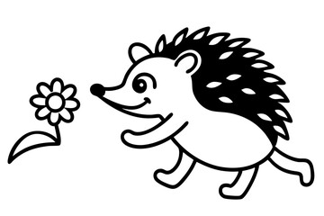 Cheerful Cartoon Hedgehog Carrying a Flower - Line Art Illustration