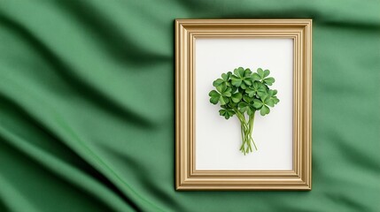Fototapeta premium An ornate golden frame displaying a watercolor painting of a shamrock bouquet, surrounded by emerald-green velvet fabric for an elegant St Patrick's Day 