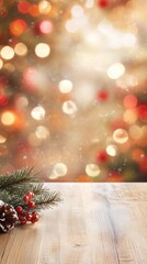 Light pine table with warm red and orange holiday bokeh background