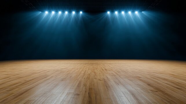 Empty basketball court under dramatic spotlights with visible hardwood floor textures symbolizing the anticipation of March Madness games 