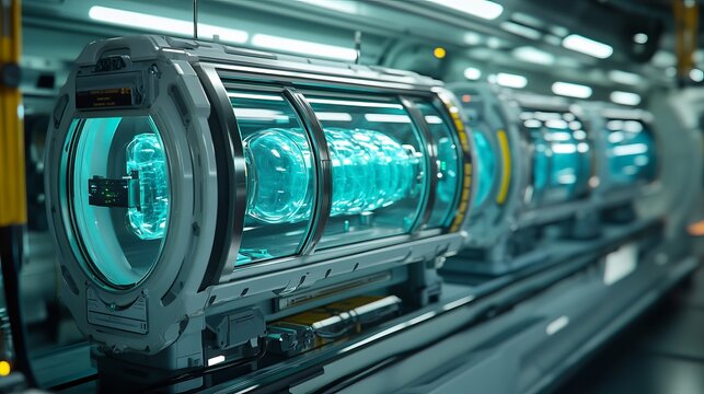 High-tech artificial organ transport system with glowing containment chambers