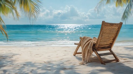 A weathered wooden lounge chair on soft white sand, a woven throw blanket adding a cozy touch, the calm ocean sparkling in the sunlight, with a clear, cloudless sky overhead, serene and natural,