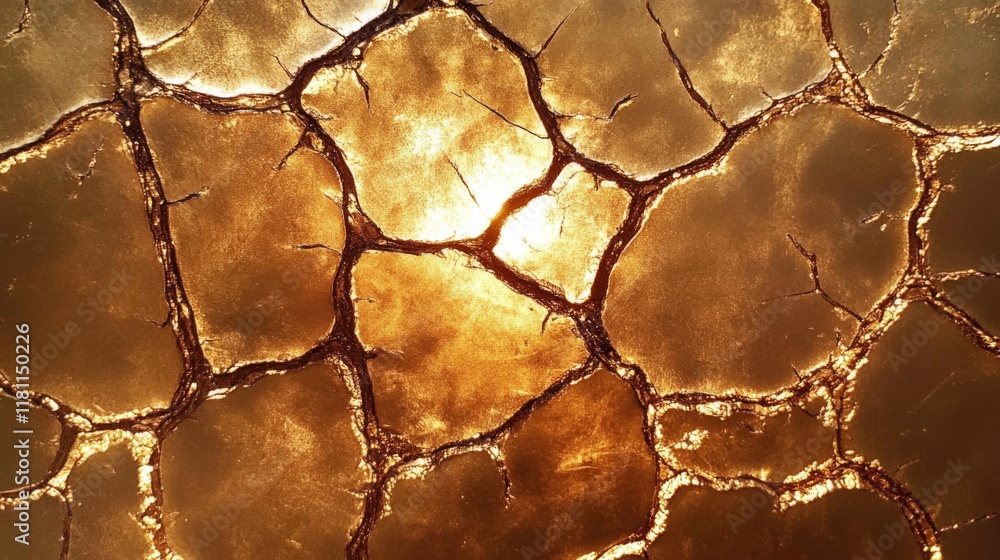 Poster textured metallic surface with cracks and crevices resembling gold or bronze, creating depth and dim