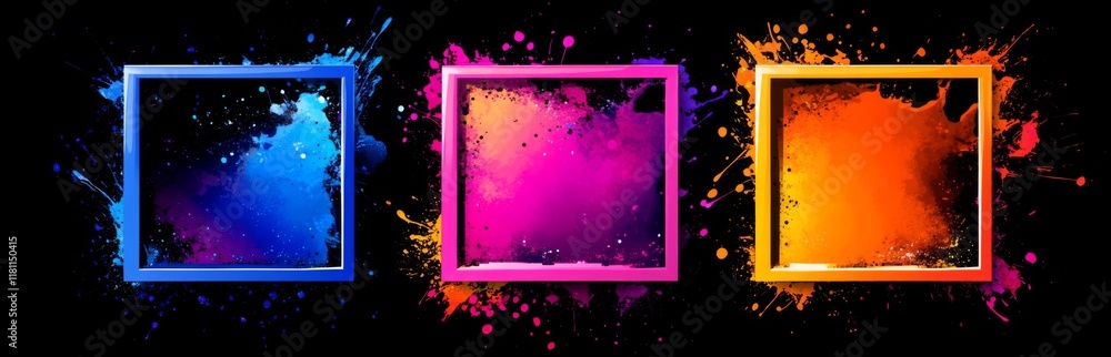 Poster dynamic & chaotic: three colorful frames on black background with splashes & overlapping shapes for 