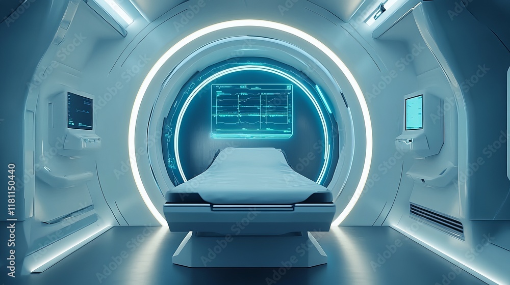 Poster a futuristic diagnostic pod with glowing holographic health readouts and automated analysis tools