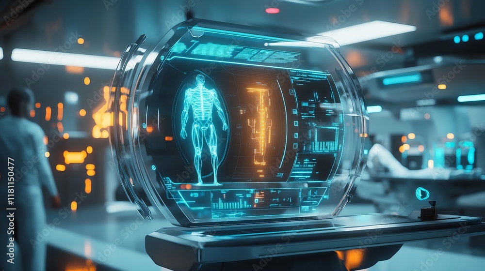 Poster a futuristic diagnostic pod with glowing holographic health readouts and automated analysis tools