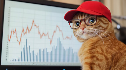 Orange cat wearing a red baseball cap and glasses looking at stock market graphs on a computer, concept of creativity and humor, international cat day