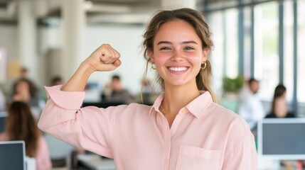 Smiling female entrepreneur raises her arm in a strongman gesture, celebrating empowerment in a vibrant coworking space