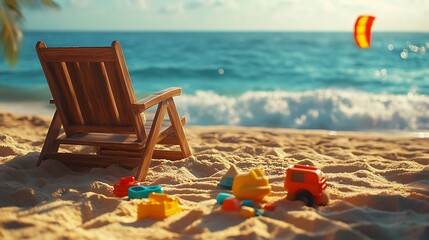 Fototapeta premium A wooden lounge chair on golden sand, children’s toys like a kite, sandcastle molds, and a toy truck scattered nearby, calm turquoise waves in the background, bright sunlight casting playful shadows,