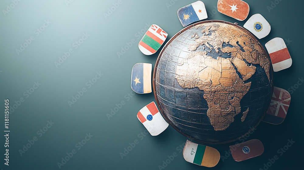 Poster global unity: a vintage globe surrounded by a circle of colorful flags from various countries symbol