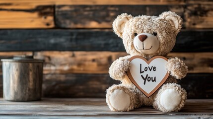 Obraz premium Cute teddy bear holding a heart-shaped sign with a message of love on a rustic wooden table, Valentine's Day celebration