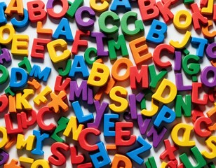 Fototapeta premium Vibrant Colorful Alphabet Letters Scattered on White Background: Fun, Educational, and Creative Texture