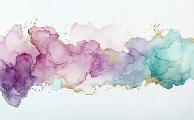 Colorful abstract watercolor art with gold accents blending soft hues of purple, pink, and teal