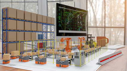 3D render: Production engineer use models made production line layout for smart warehouse on his desktop.
