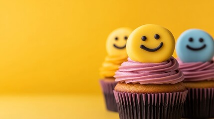 A stack of colorful cupcakes with smiley faces as frosting toppers on a bright yellow background for the International Day of Happiness 