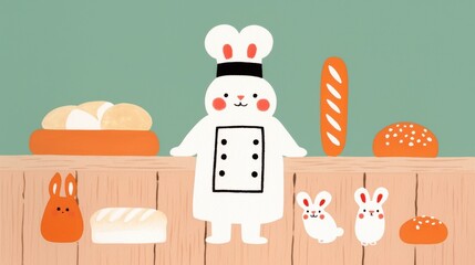 Rabbit watercolor concept. Adorable Rabbit Chef Surrounded by Baked Goods in Vibrant